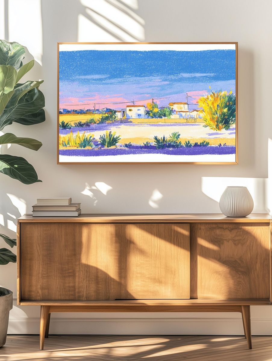 Desert Village Sunset Watercolor Print. — room view 3