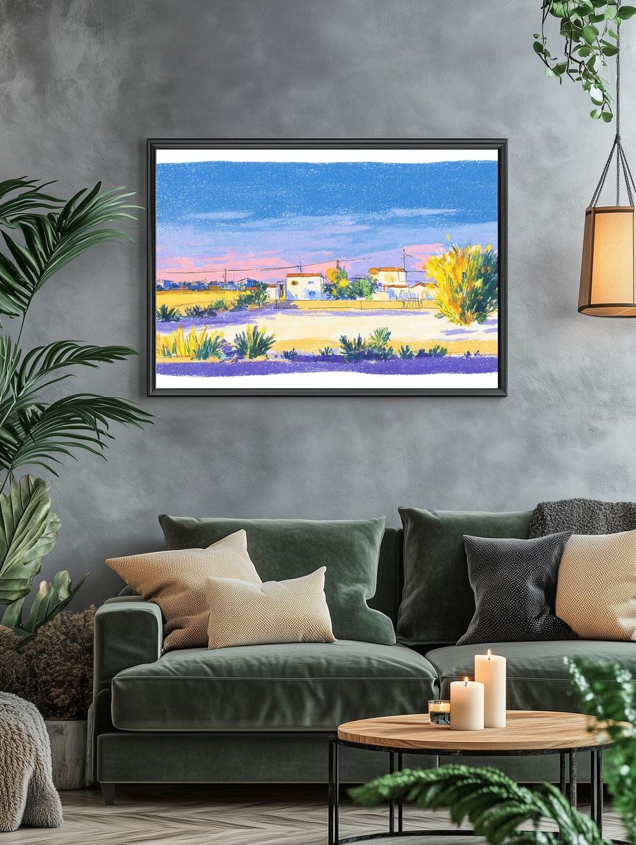 Desert Village Sunset Watercolor Print. — room view 4