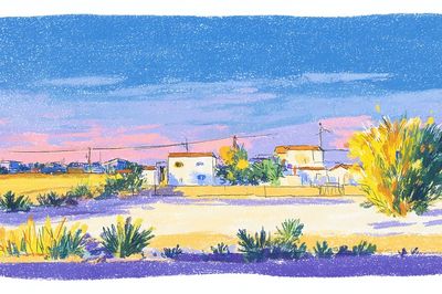 Desert Village Sunset Watercolor Print. poster print