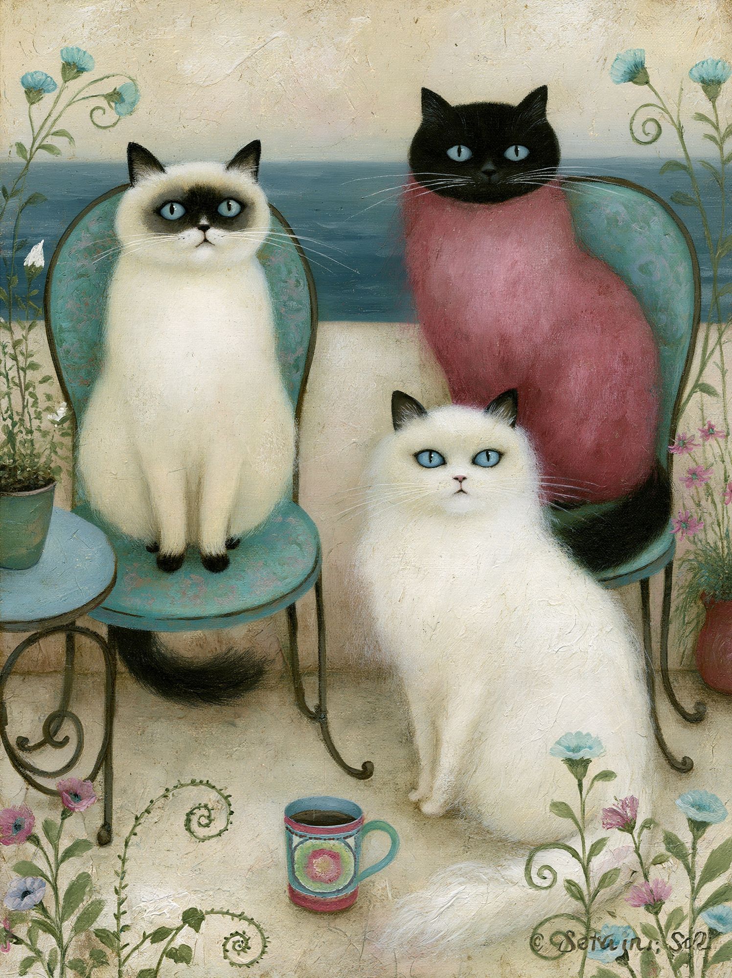 Three Cats Floral Illustration Poster. poster detail