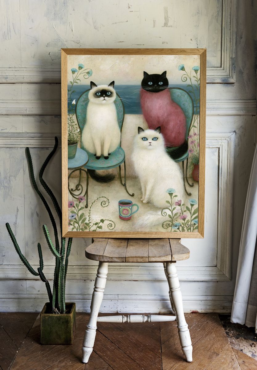 Three Cats Floral Illustration Poster. room preview