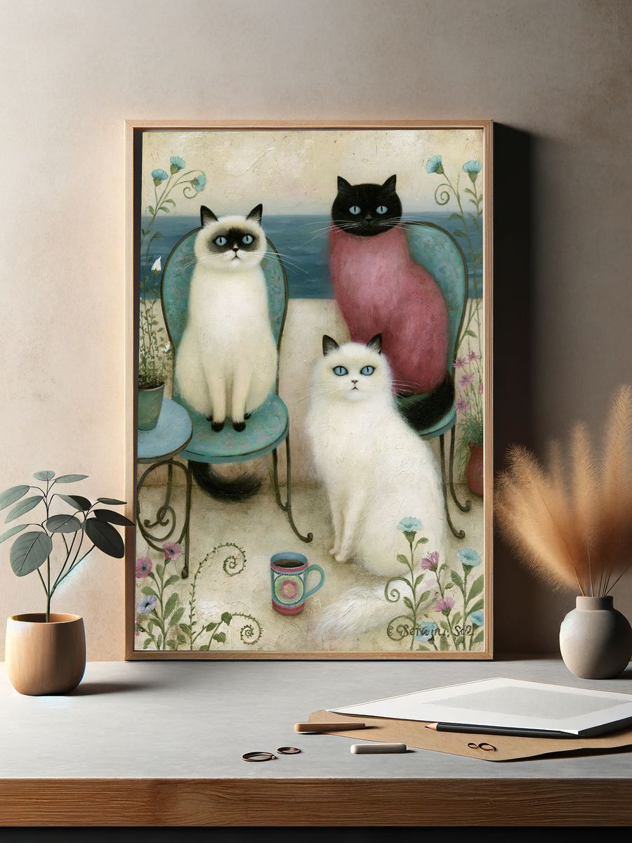 Three Cats Floral Illustration Poster. — room view 2