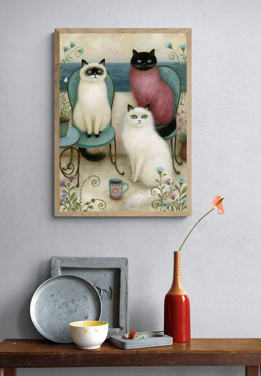 Three Cats Floral Illustration Poster. — room view 3