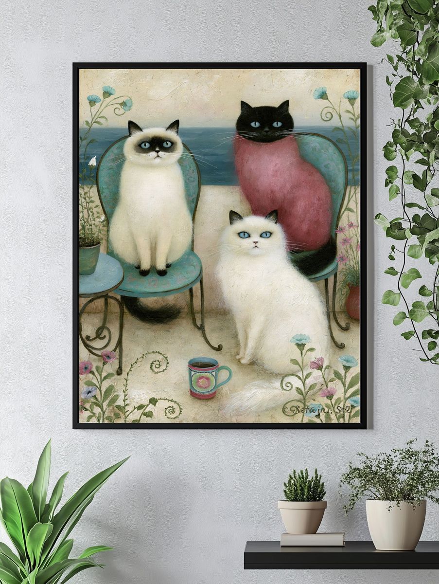 Three Cats Floral Illustration Poster. — room view 4