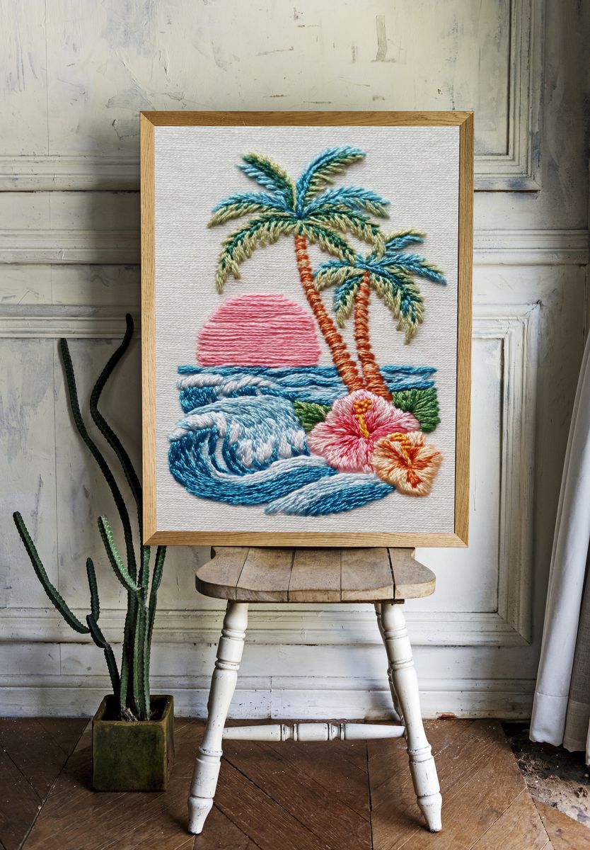 Tropical Embroidery Sunset Poster. — room view 1