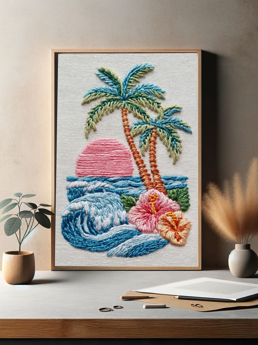 Tropical Embroidery Sunset Poster. — room view 2