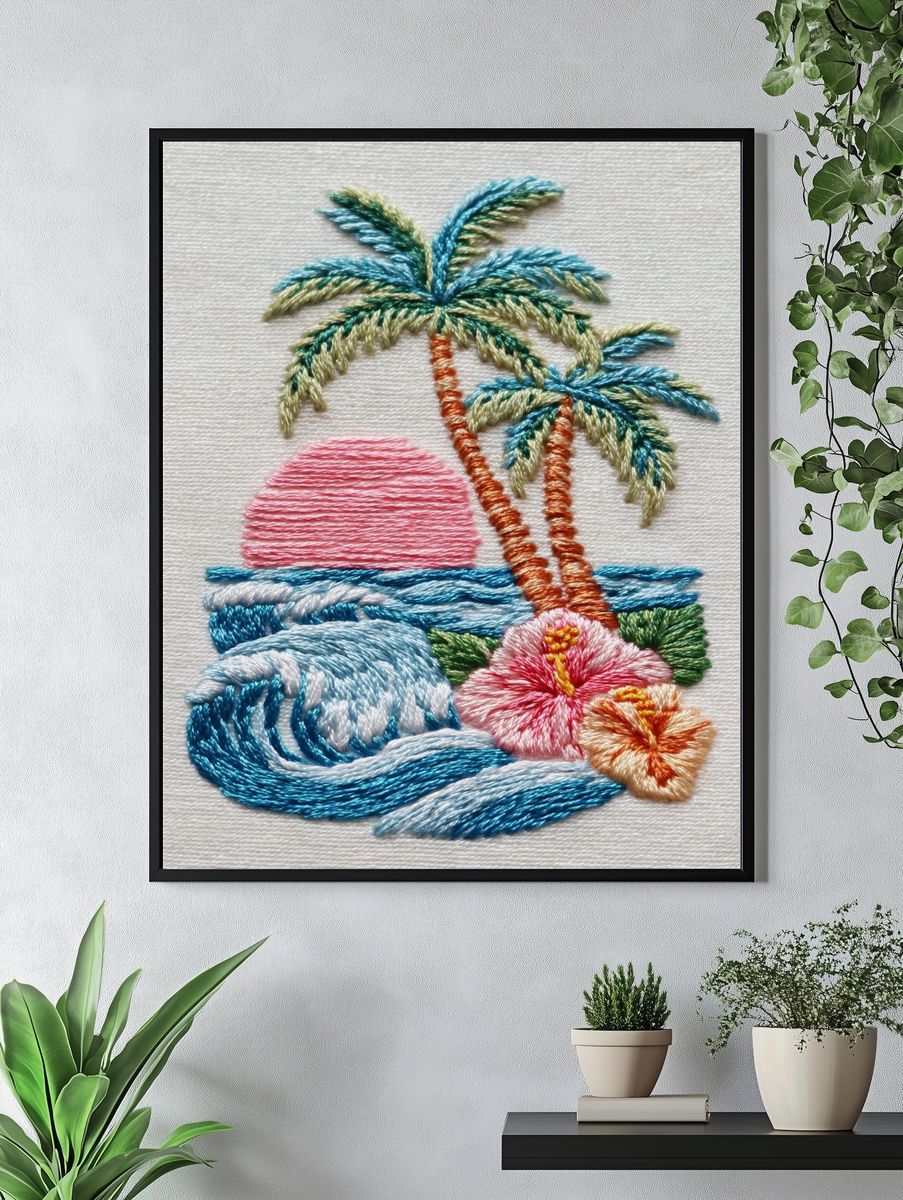 Tropical Embroidery Sunset Poster. — room view 4