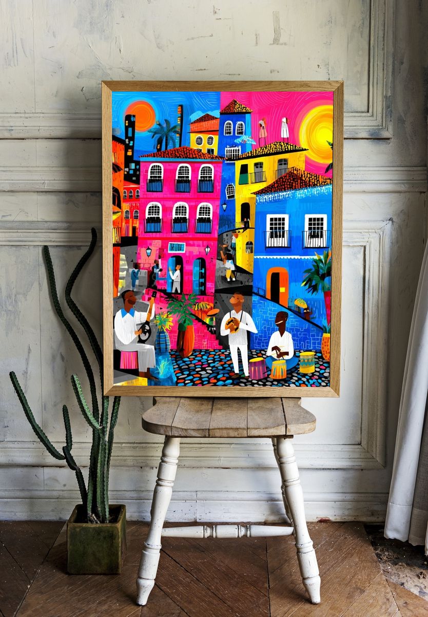 Colorful Caribbean Village Illustration Poster. room preview