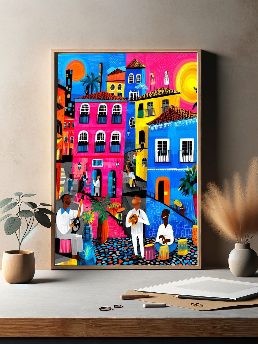 Colorful Caribbean Village Illustration Poster. — room view 2