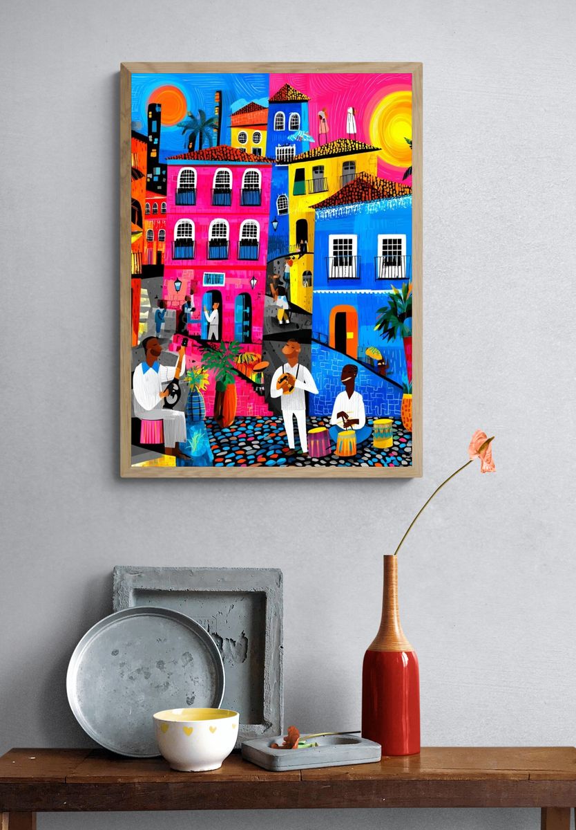 Colorful Caribbean Village Illustration Poster. — room view 3