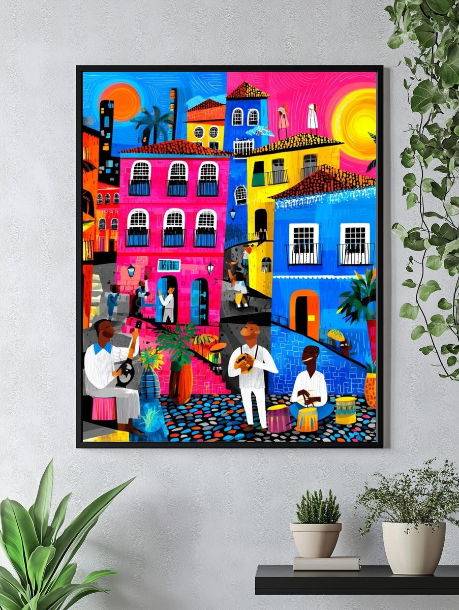 Colorful Caribbean Village Illustration Poster. — room view 4