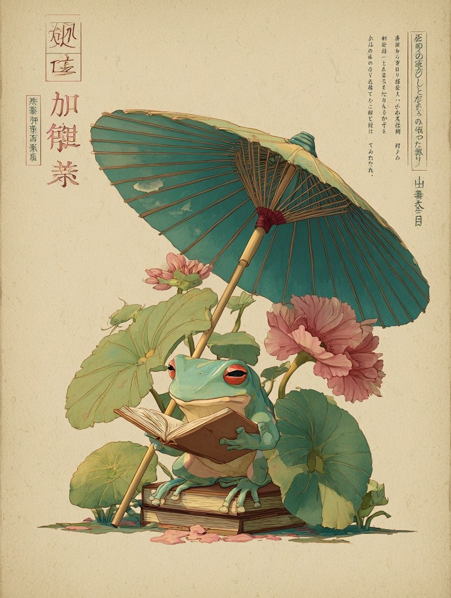 Reading Frog Japanese Illustration Poster. poster detail