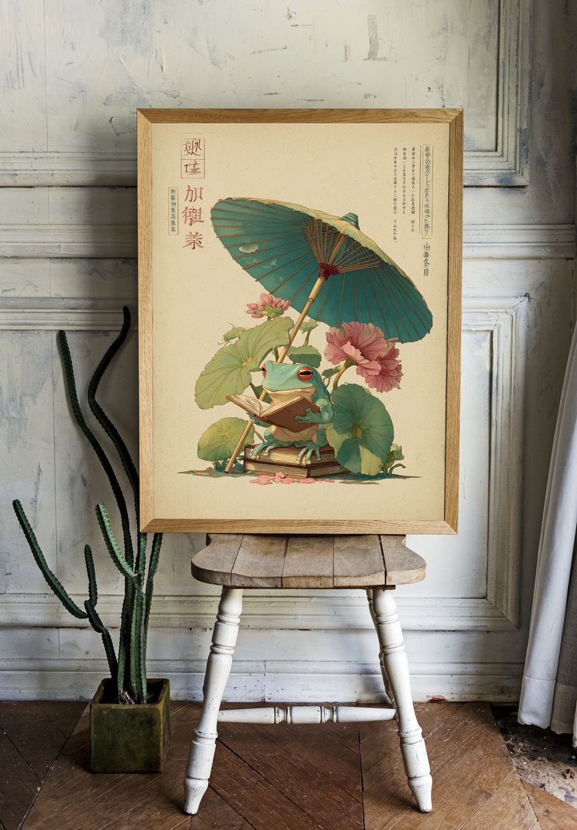 Reading Frog Japanese Illustration Poster. room preview