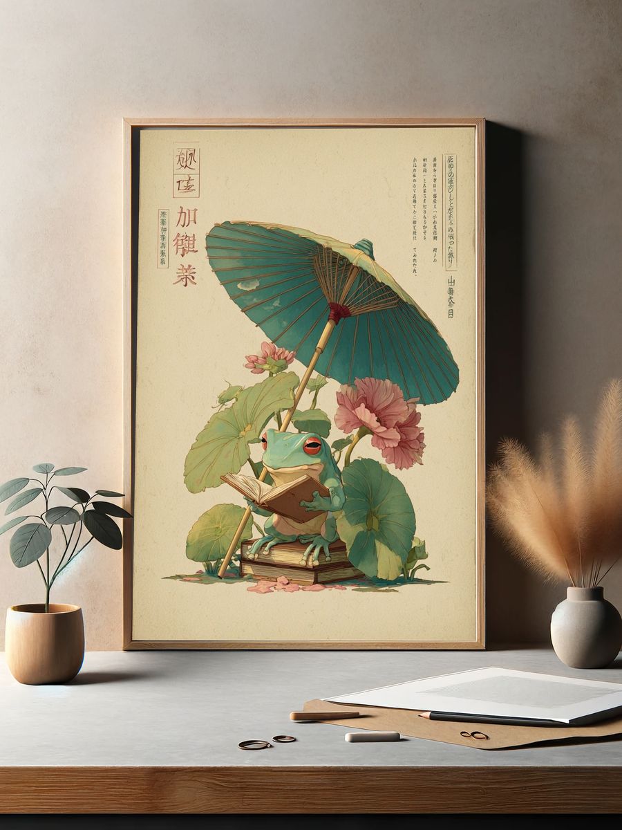 Reading Frog Japanese Illustration Poster. — room view 2