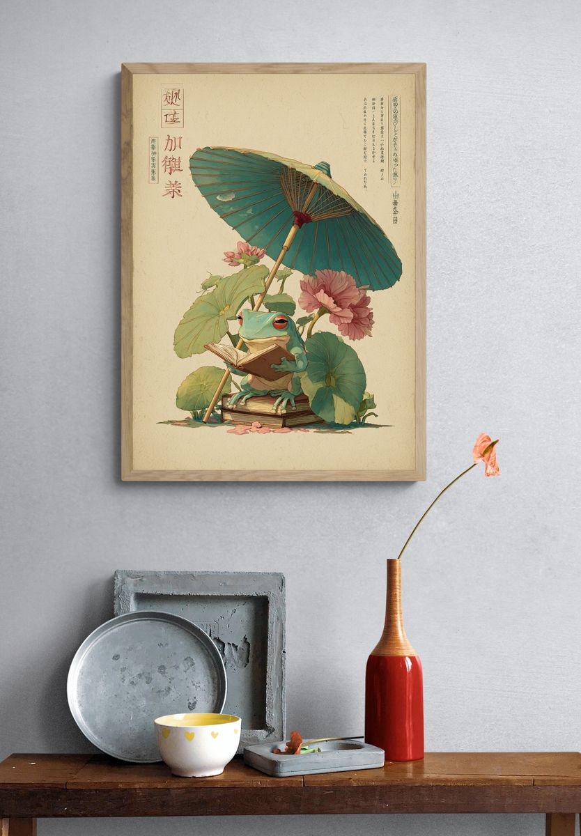 Reading Frog Japanese Illustration Poster. — room view 3