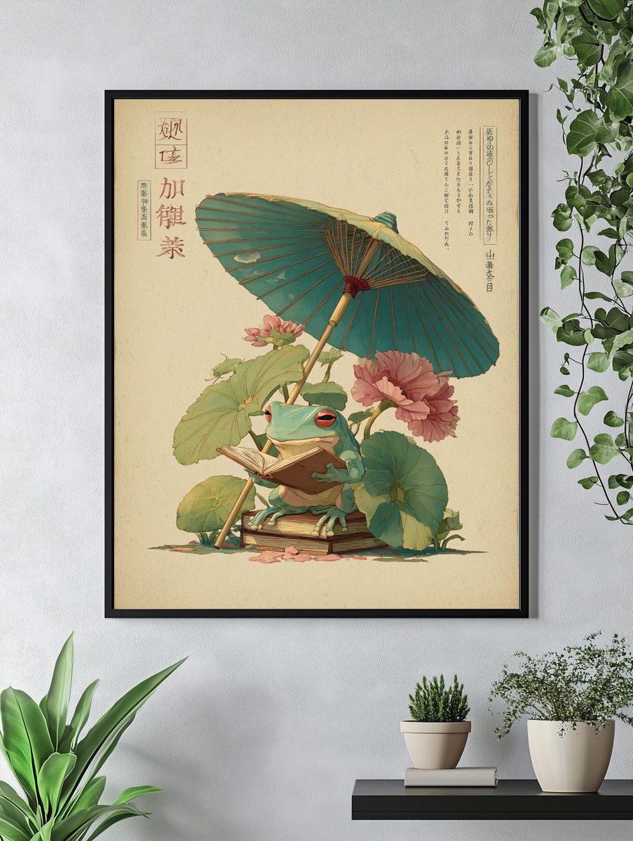 Reading Frog Japanese Illustration Poster. — room view 4