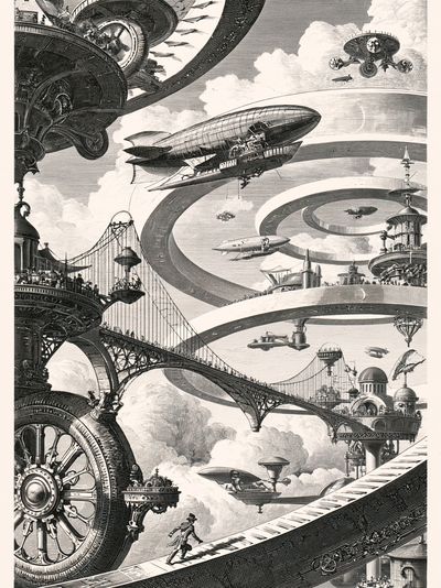 Retro Futurist Sky City Print. poster