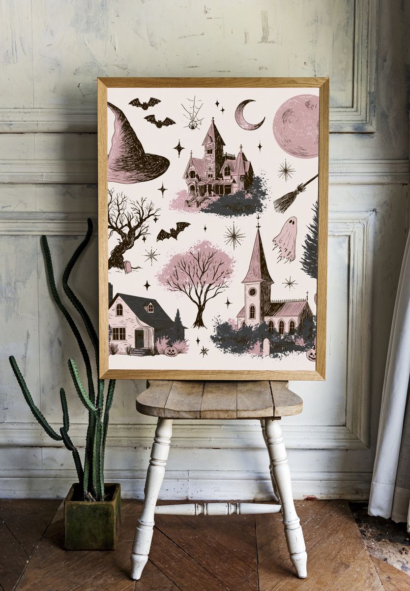 Spooky Halloween Cottage Illustration Poster. room preview