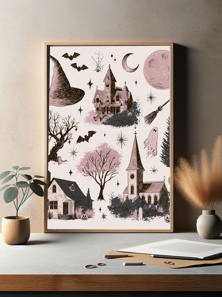 Spooky Halloween Cottage Illustration Poster. — room view 2