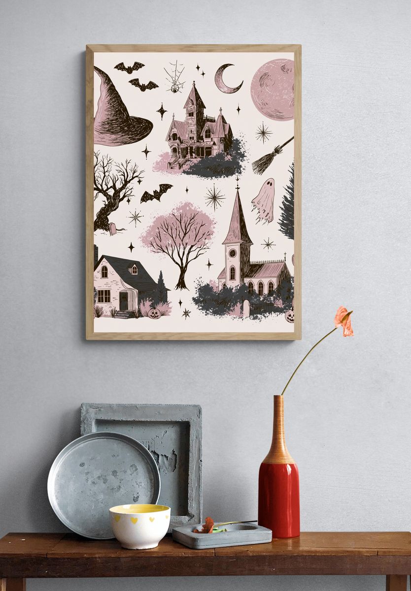 Spooky Halloween Cottage Illustration Poster. — room view 3