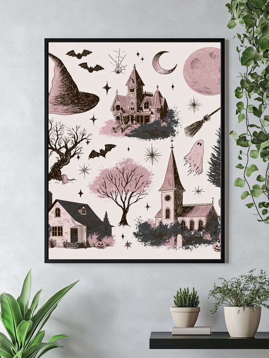 Spooky Halloween Cottage Illustration Poster. — room view 4