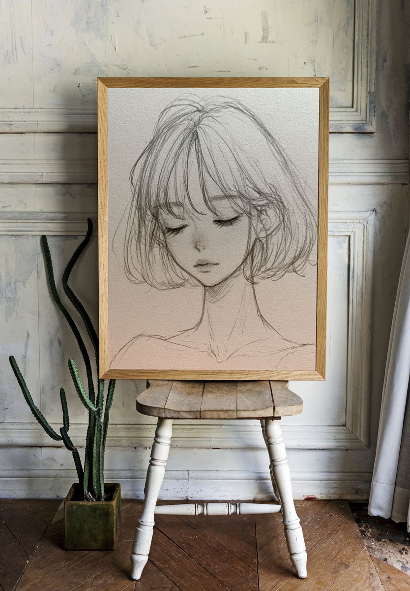 Serene Girl Sketch Poster. room preview