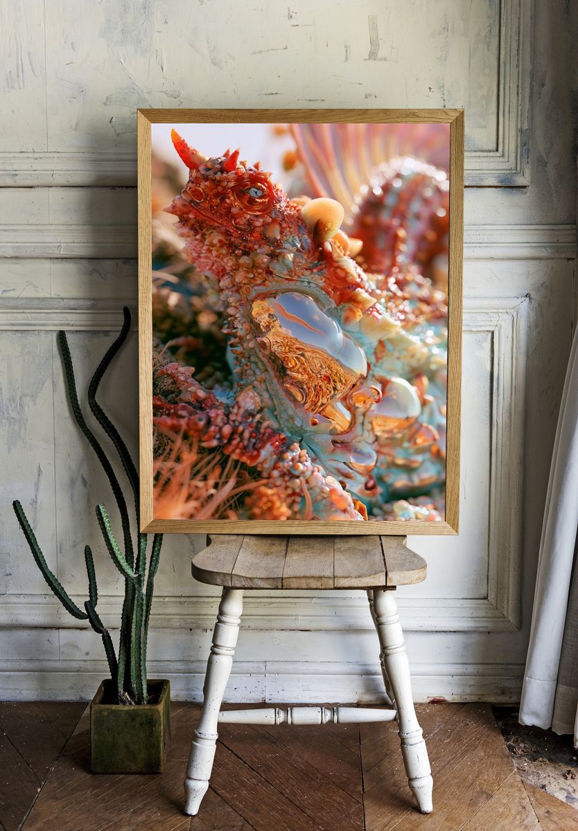 Coral Dragon Fantasy Illustration Poster. room preview