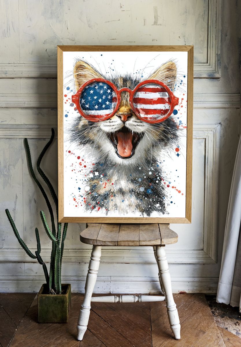 Patriotic Cat Watercolor Poster. — room view 1