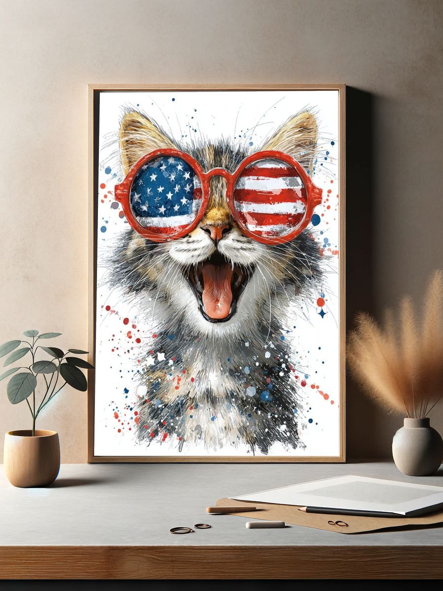 Patriotic Cat Watercolor Poster. — room view 2
