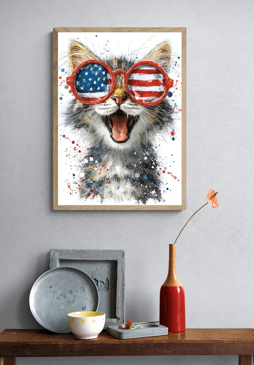 Patriotic Cat Watercolor Poster. — room view 3