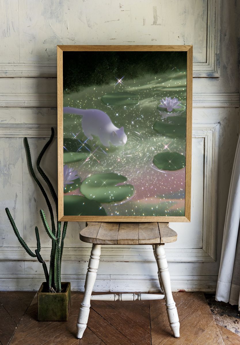 Dreamy White Cat Pond Print. room preview