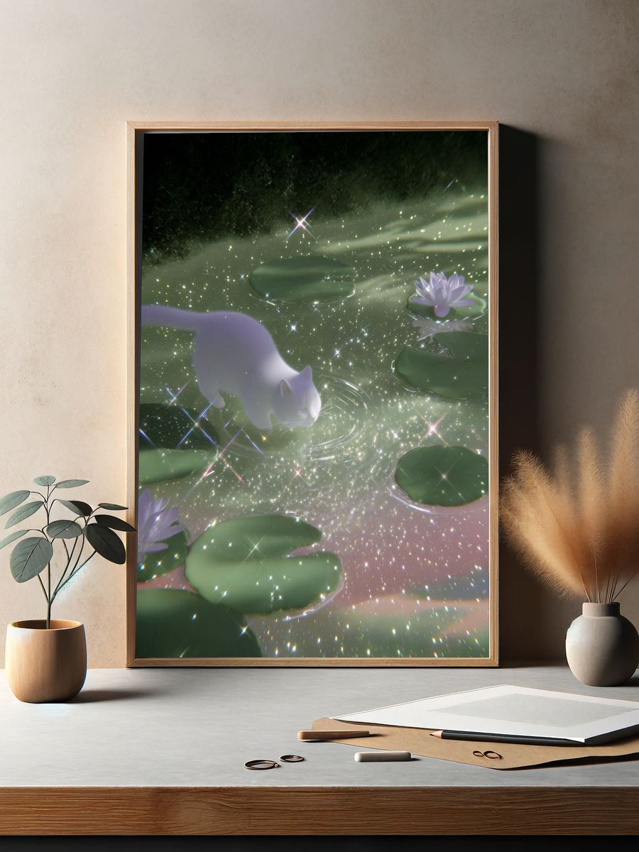 Dreamy White Cat Pond Print. — room view 2