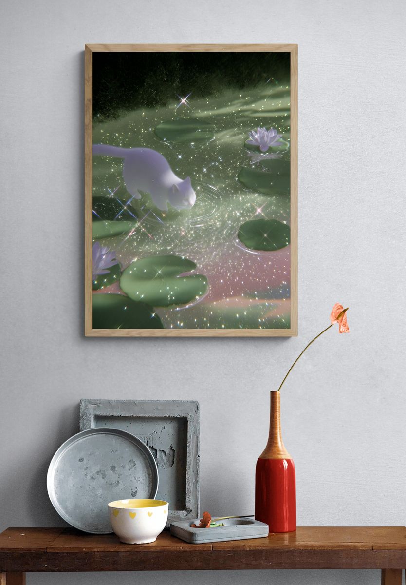 Dreamy White Cat Pond Print. — room view 3