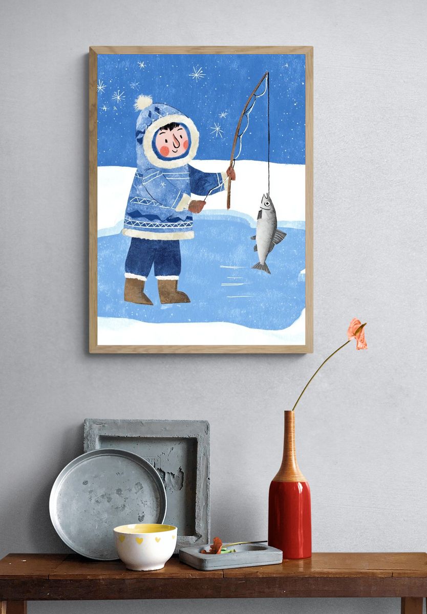 Winter Fisher Child Illustration Poster. — room view 3