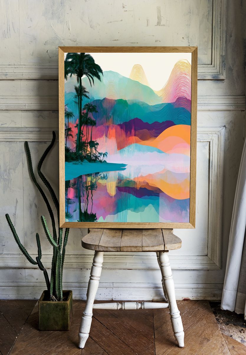 Tropical Neon Landscape Print. room preview