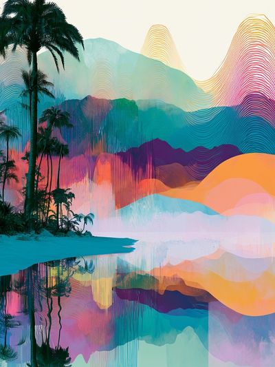 Tropical Neon Landscape Print.