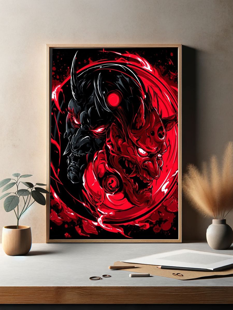 Red Oni Demon Illustration Poster. — room view 2