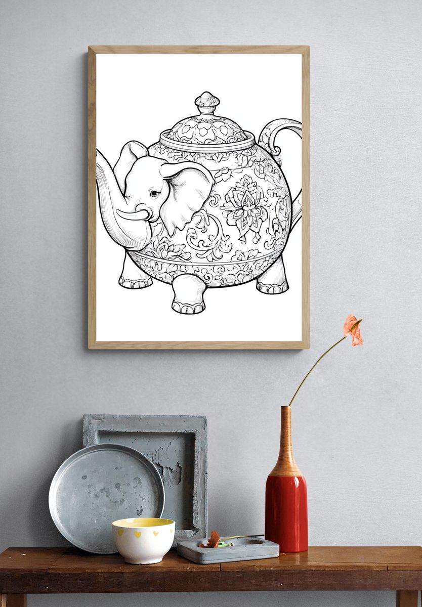 Elephant Teapot Illustration Poster. — room view 3