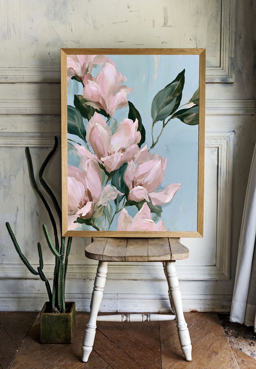 Pink Magnolia Bloom Illustration Poster. room preview