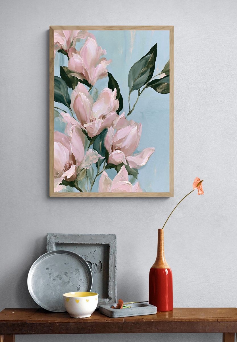 Pink Magnolia Bloom Illustration Poster. — room view 3
