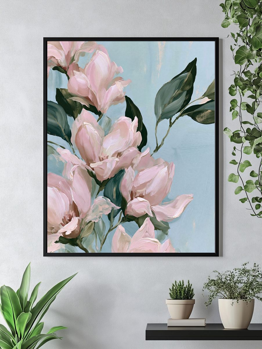 Pink Magnolia Bloom Illustration Poster. — room view 4