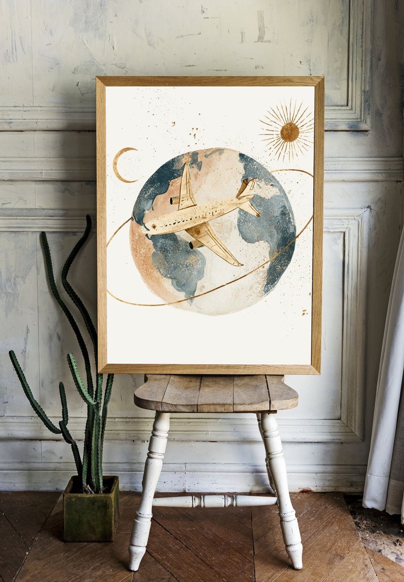 Celestial Airplane Watercolor Print. room preview