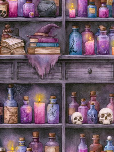 Witchy Apothecary Shelf Illustration Poster.