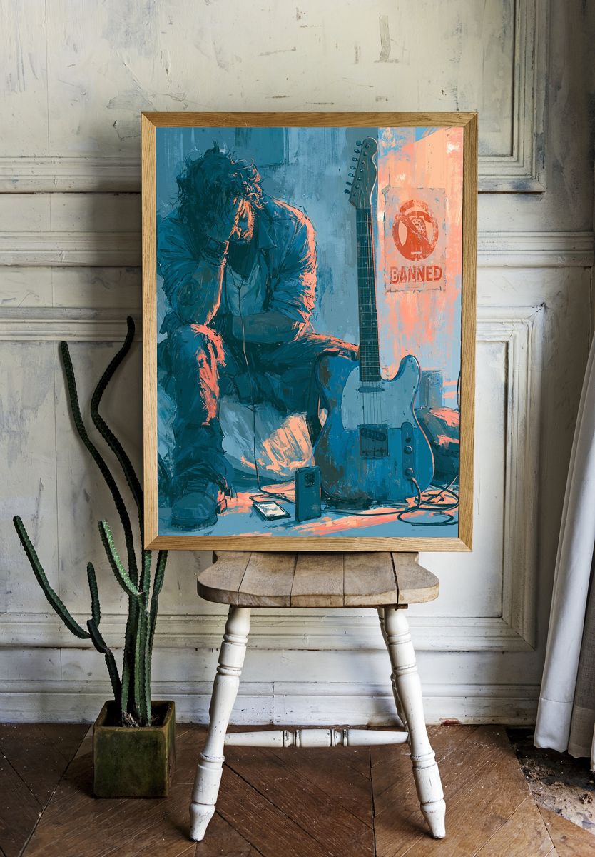 Melancholy Guitarist Illustration Poster. room preview