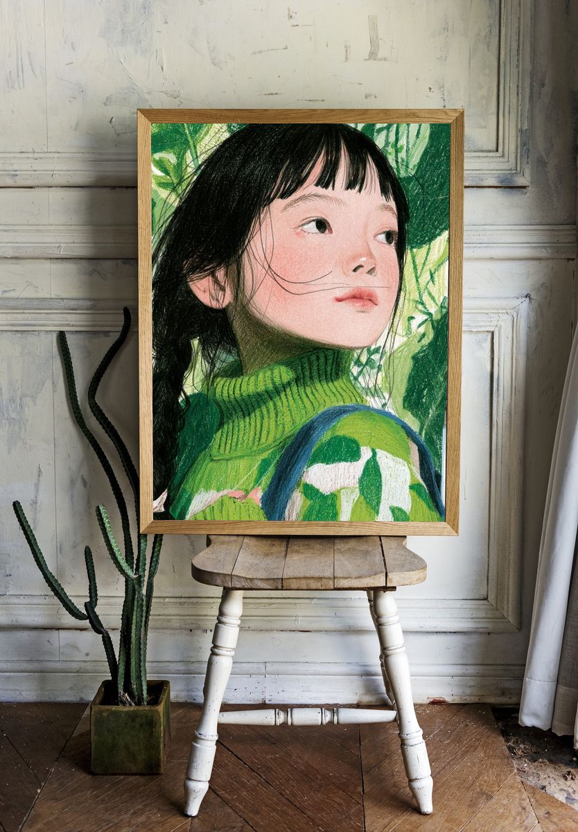 Girl in Green Foliage Illustration Poster. — room view 1