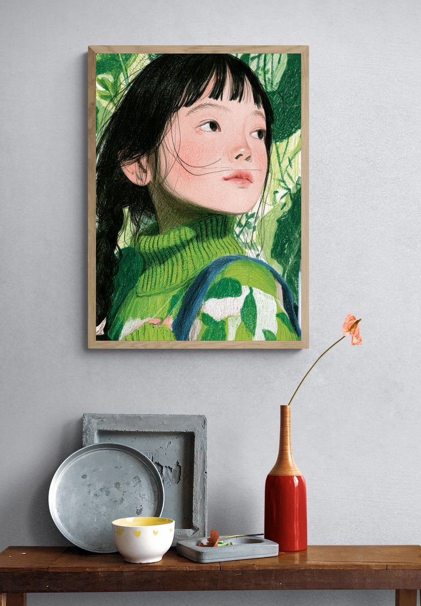 Girl in Green Foliage Illustration Poster. — room view 3