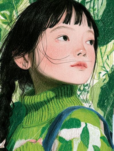 Girl in Green Foliage Illustration Poster.