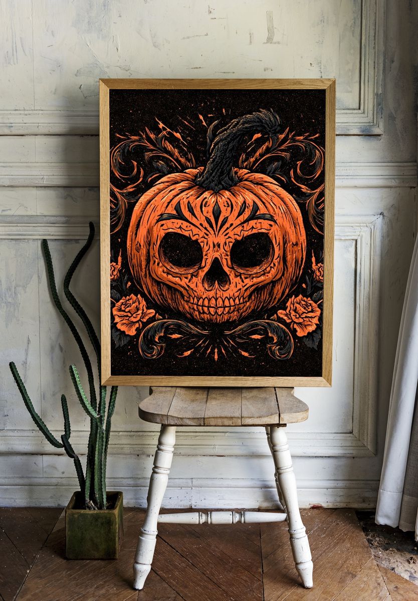 Pumpkin Skull Halloween Illustration Poster. room preview