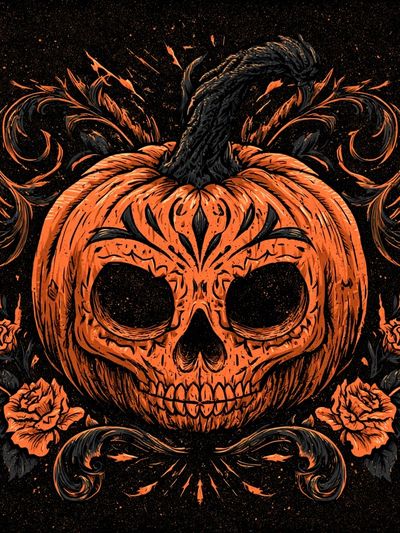 Pumpkin Skull Halloween Illustration Poster.