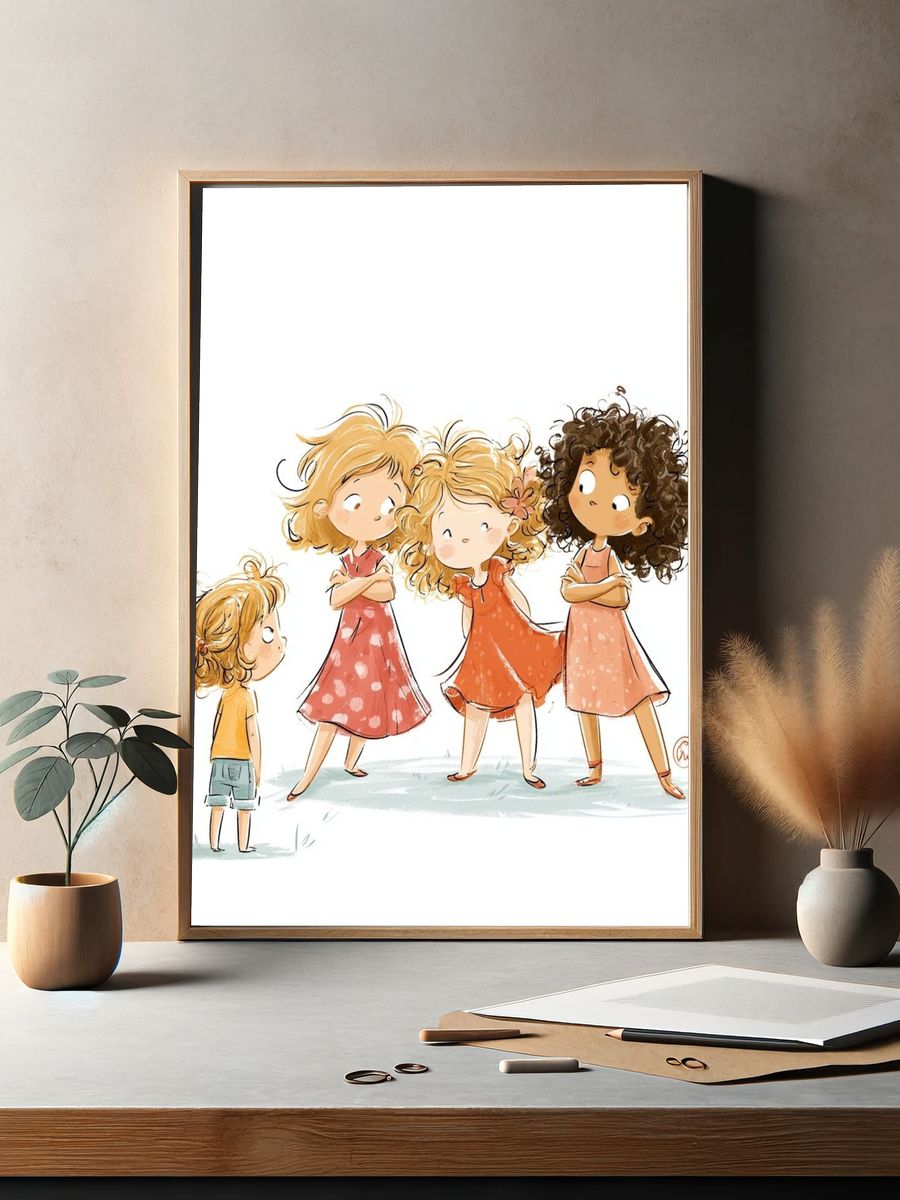 Playful Girls Illustration Poster. — room view 2